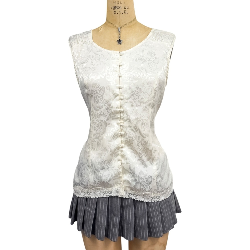 90s Nordstrom Coquette Floral Satin Button Up Tank Blouse Jacquard Romantic S